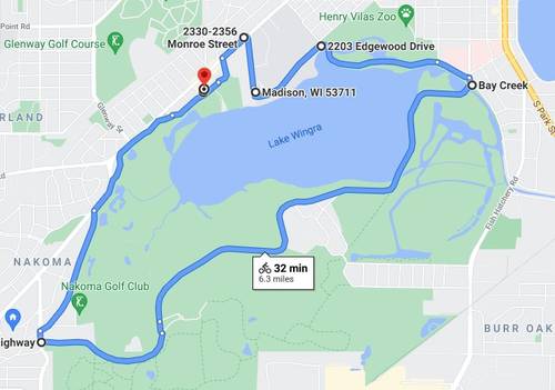 Map of bike route around lake Wingra.